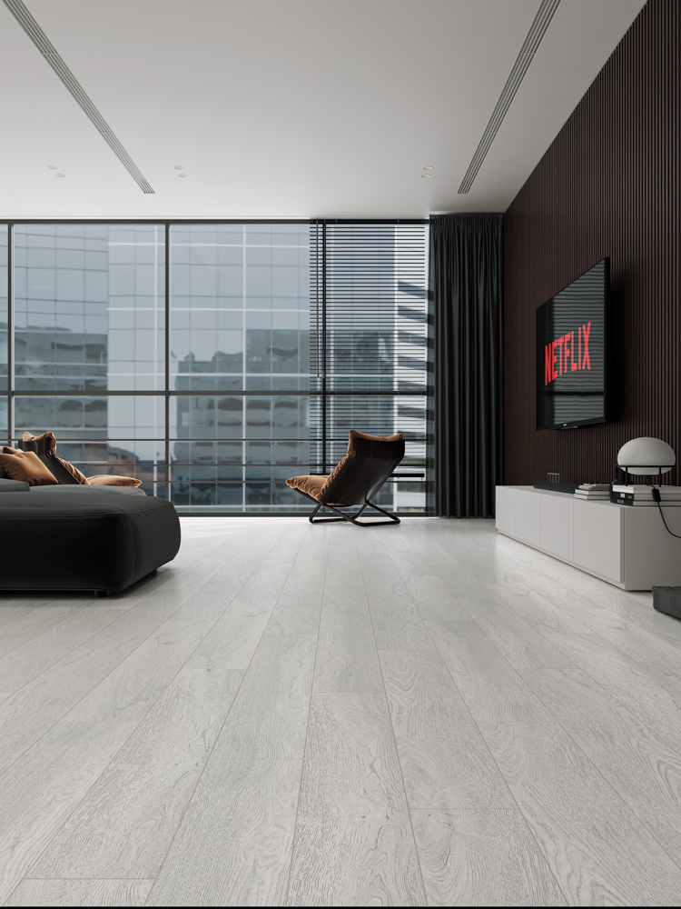 Кварцвиниловый SPC ламинат Cronafloor Wood Дуб Серебристый ZH-81126-1 1200×180×4 фото в интерьере